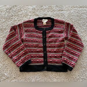 Vintage Neiman Marcus Women's Red and Black Patterned Cardigan